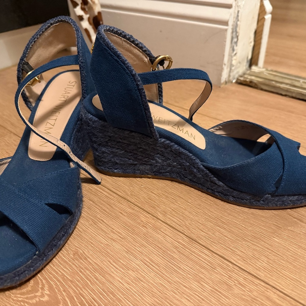 Stuart Weitzman Blue Wedge Sandals with Textured Heel